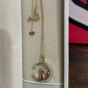 K18 18K Japan Real Gold Cat over Moon with natural Diamonds Necklace Azuki Chain